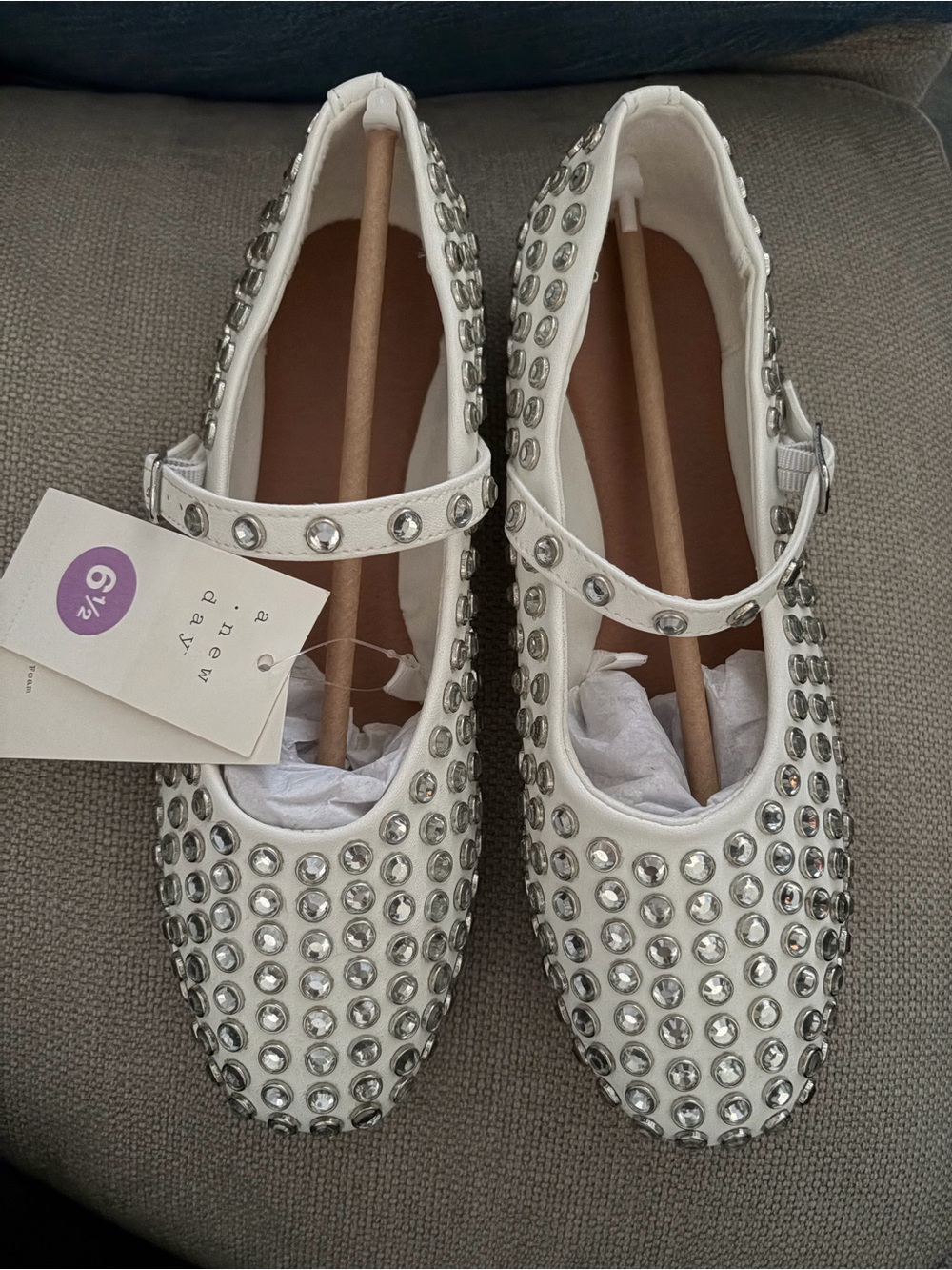a new day White Mary Jane Flats with Silver Rhinestone Studs